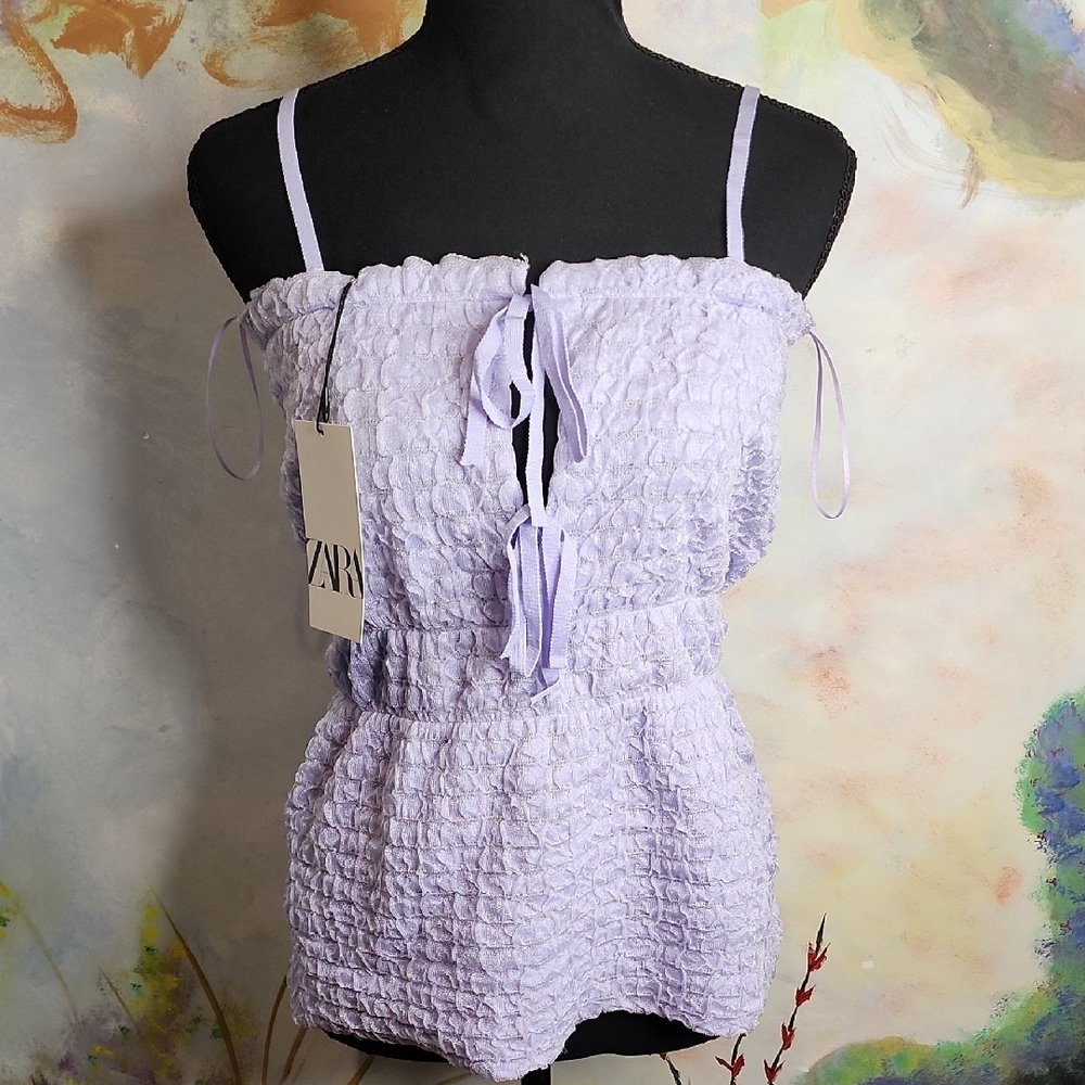 Zara Purple Sleeveless Camisole with Smocked Tie Front